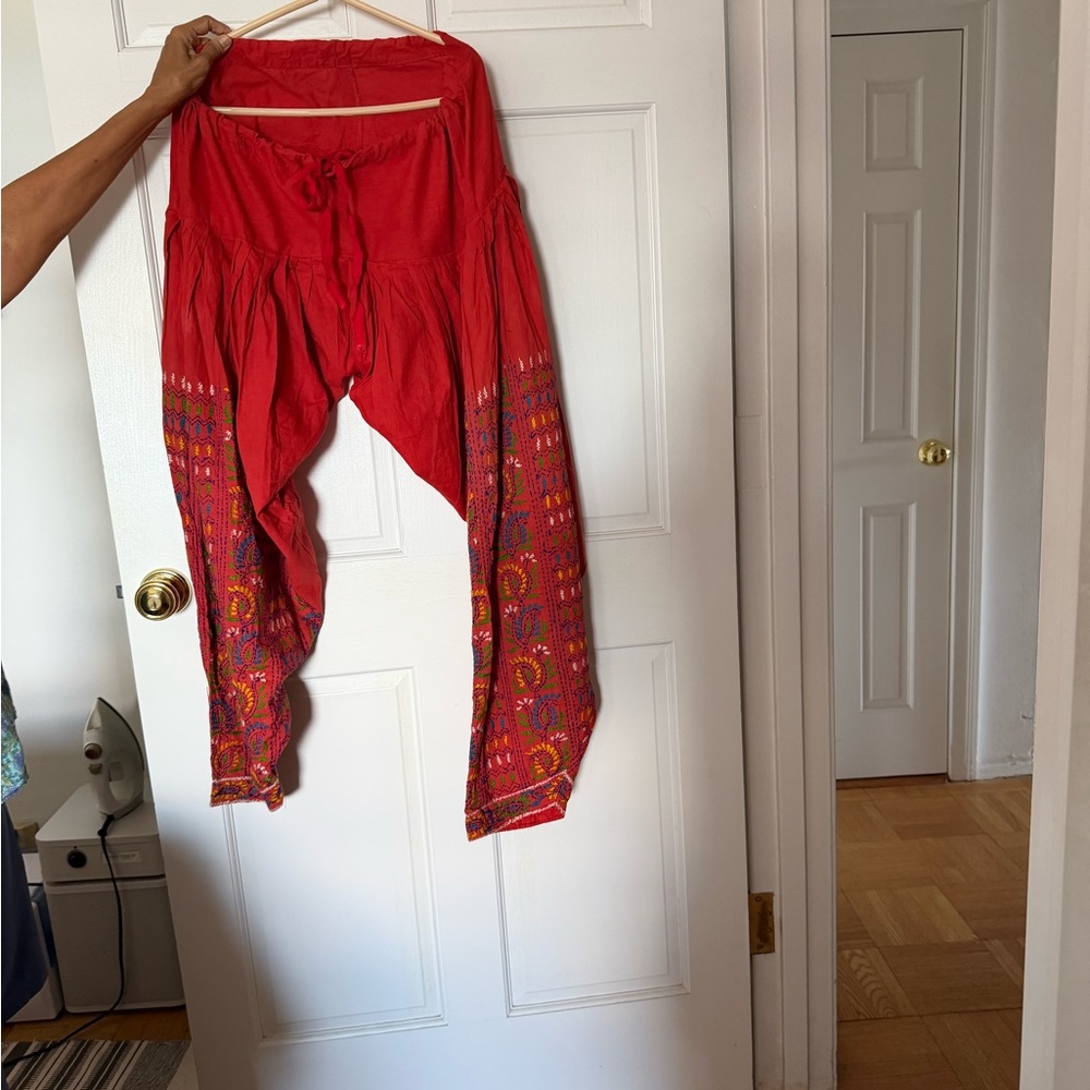 Wide Leg Boho Embroidered Red Harem Pants